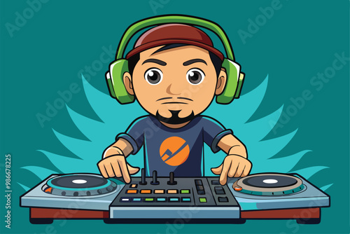 A DJ with headphones is passionately mixing tracks at a colorful studio, focused on the turntables, Customizable cartoon illustration by DJ man.