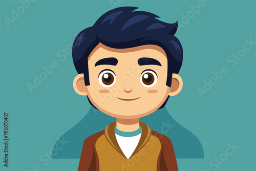 A cheerful young boy character with dark hair, wearing a casual outfit and smiling warmly at the viewer, Customizable Cartoon Illustration Data