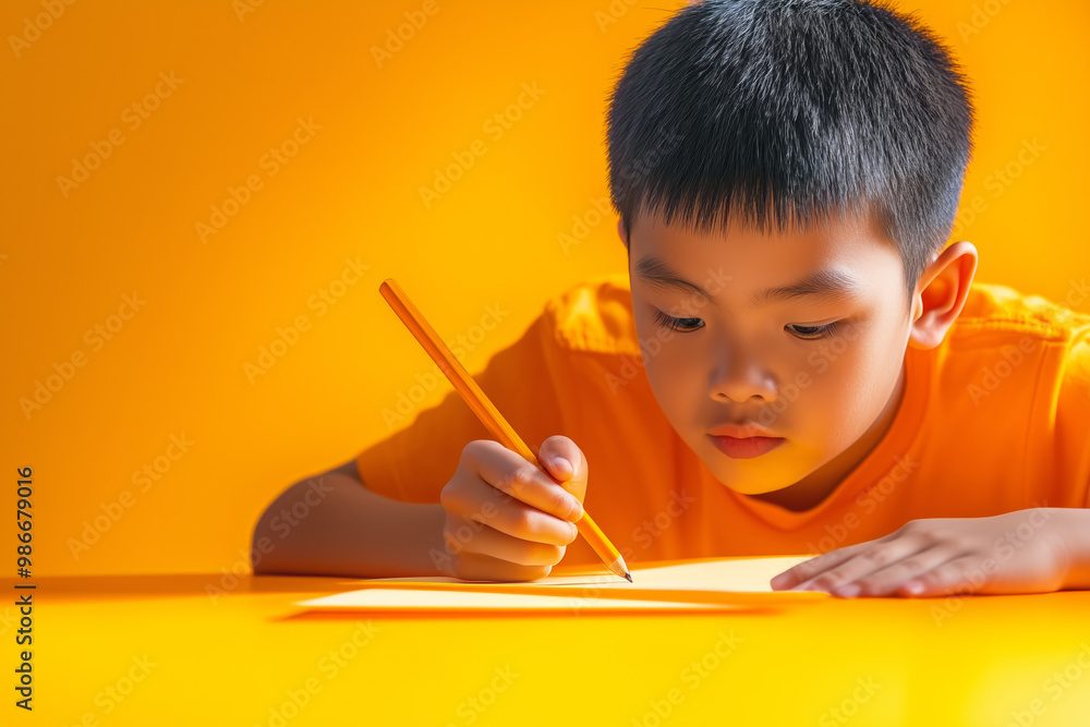 Young boy focusing on drawing with pencil at a bright yellow table during afternoon creative time Young boy focusing on drawing with pencil at a bright yellow table during afternoon creative time
