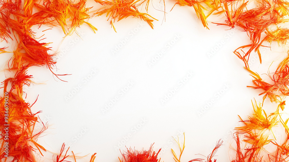saffron threads: a delicate frame made from vibrant saffron threads, gently arranged across a soft white background, the bright orange and red colors stand out, creating a luxurious and exotic feel saffron threads: a delicate frame made from vibrant saffron threads, gently arranged across a soft white background, the bright orange and red colors stand out, creating a luxurious and exotic feel