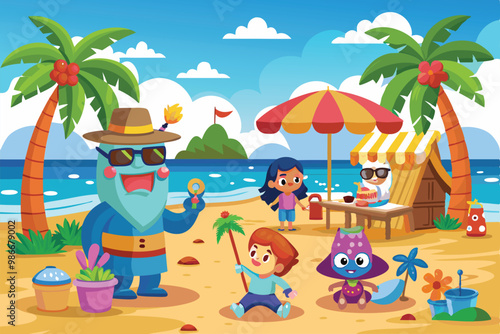 A vibrant beach party with animated characters enjoying various activities on a sunny day by the sea, Customizable cartoon illustration for a beach party.