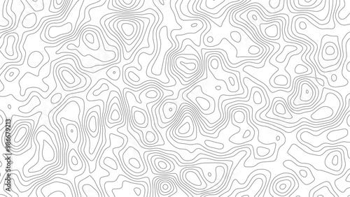 Topographic map in lines and contours. Vector geography contour landscape and terrain path. Travel and navigation cartography background. Mountain hiking trail scheme. Relief height elevation pattern.