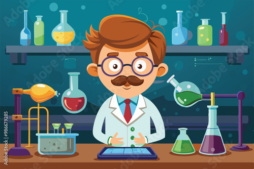 A cheerful chemist in a lab coat analyzes formulas on a tablet, with colorful liquids in beakers and flasks, Customizable cartoon illustration for a chemistry lab.