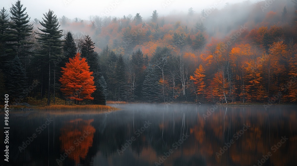 Autumn foliage surrounding a misty lake during a peaceful sunrise Autumn foliage surrounding a misty lake during a peaceful sunrise