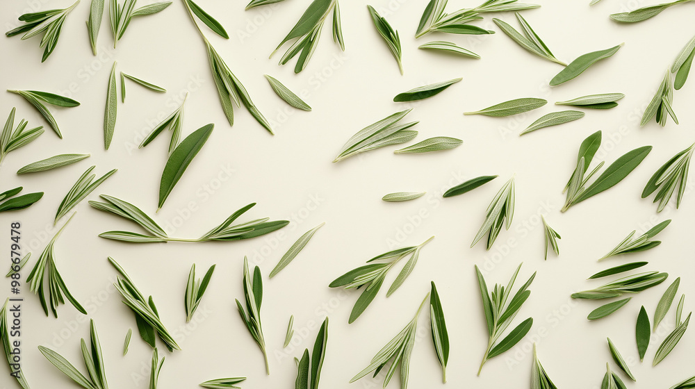 Naklejka premium tarragon leaves: a loose frame made from dried tarragon leaves, scattered lightly across a soft cream background, the delicate green leaves create a fresh, aromatic atmosphere