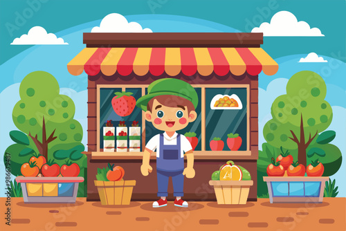 A friendly shopkeeper stands in front of a vibrant fruit shop filled with fresh produce, Customizable cartoon illustration for a fruit shop.