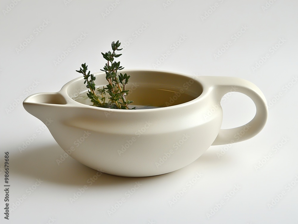 White Ceramic Bowl with Fresh Thyme Sprig White Ceramic Bowl with Fresh Thyme Sprig