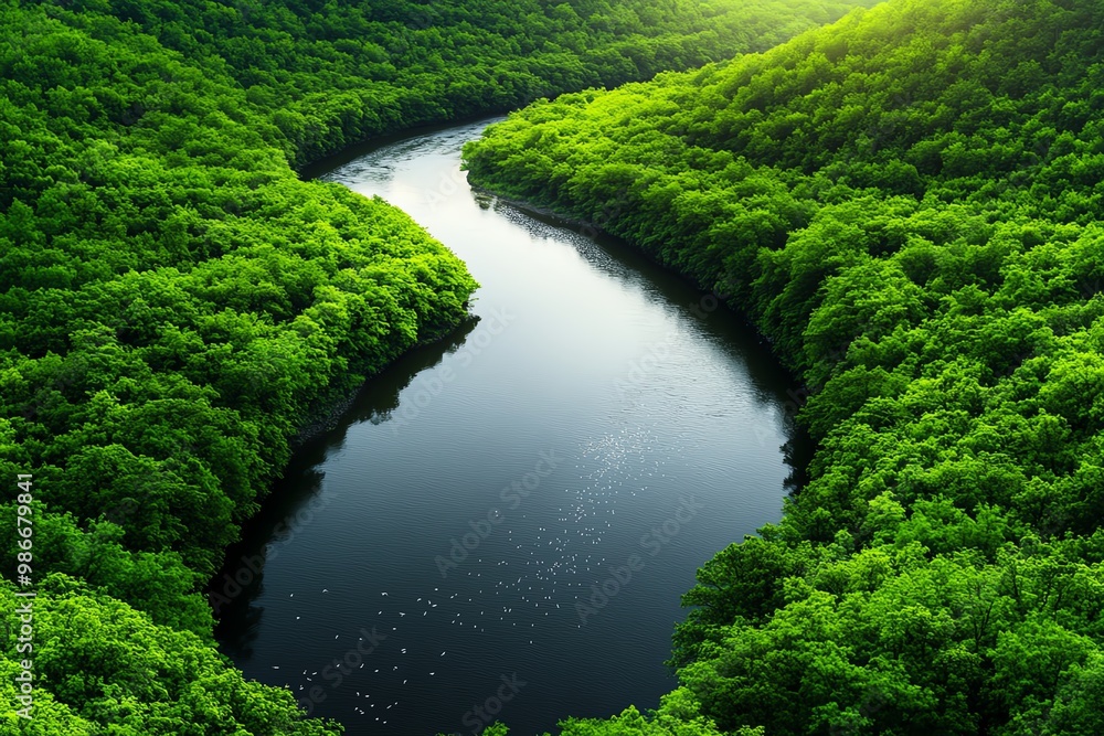 A peaceful river winding through a dense forest, with sunlight reflecting off the water and birds flying overhead A peaceful river winding through a dense forest, with sunlight reflecting off the water and birds flying overhead