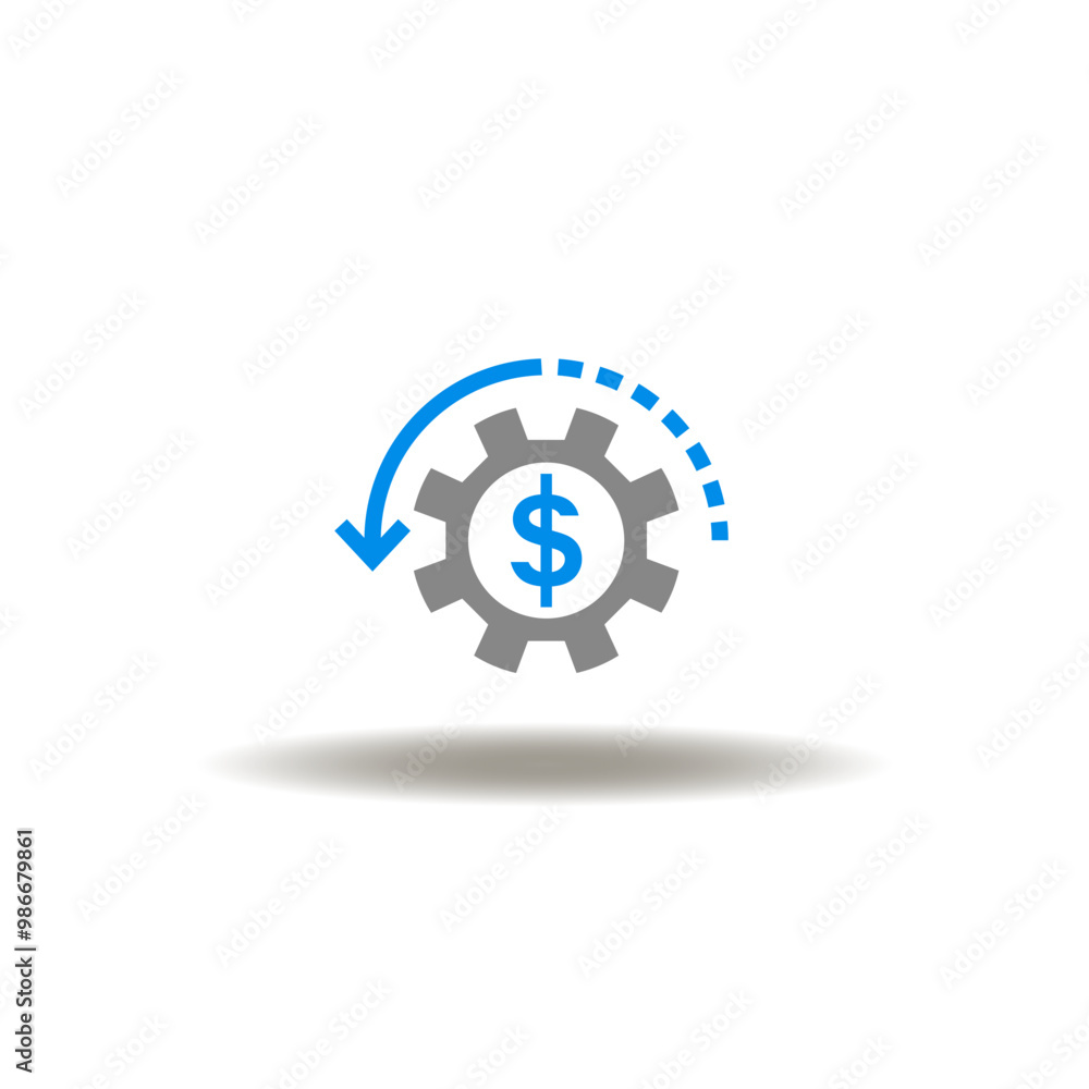 Vector illustration of gear wheel with dollar currency and round arrow back. Symbol of revaluation. Vector illustration of gear wheel with dollar currency and round arrow back. Symbol of revaluation.