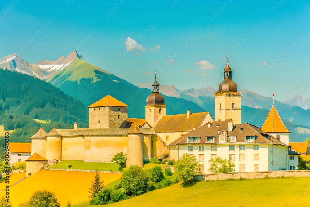 Naklejka premium Panorama of Gruyères Explore the Medieval Village and Castle in La Gruyère, Switzerland