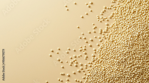 white quinoa grains: a loose frame made from tiny white quinoa grains, scattered delicately around a soft beige background, the smooth texture and creamy hues create a minimalist, wholesome look photo