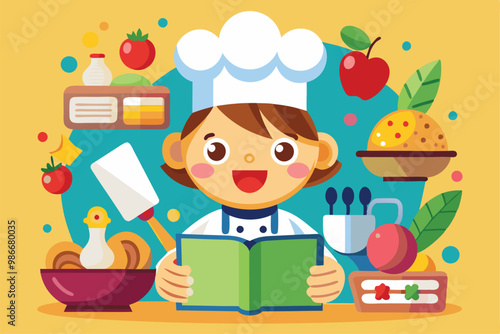 A cheerful chef holds a recipe book surrounded by various ingredients and kitchen items in a vibrant kitchen setting, Customizable cartoon illustration for a recipe book.