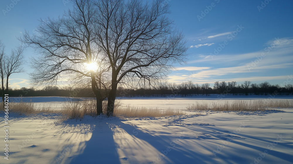 Winter sunrise through tree with long shadows on snow Winter sunrise through tree with long shadows on snow