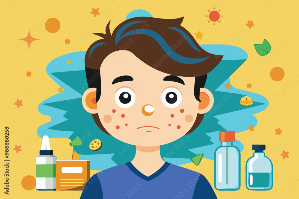 A young person with acne expresses concern while surrounded by various skincare products and a bright background, Customizable cartoon illustration for acne treatment. A young person with acne expresses concern while surrounded by various skincare products and a bright background, Customizable cartoon illustration for acne treatment.