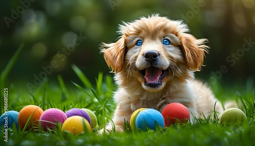 Joyful blue-eyed puppy playing with a vibrant ball in a lush green field, embodying companionship, outdoor fun, and the innocence of childhood photo