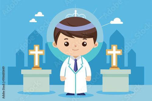 A young boy dressed in a white robe stands between two crosses, symbolizing a baptism ceremony, Customizable cartoon illustration for baptism.