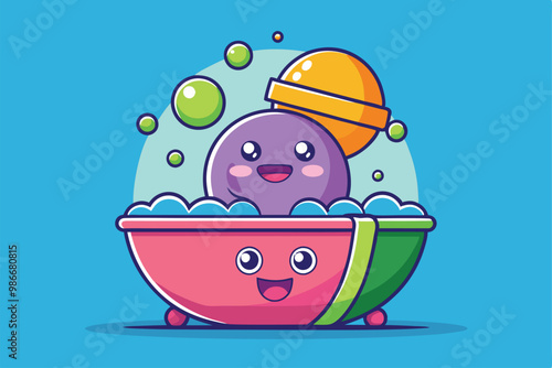 Cheerful cartoon-style bath bombs sit in a bubbly bath, inviting creativity and fun for all ages, Customizable cartoon illustration for bath bombs.