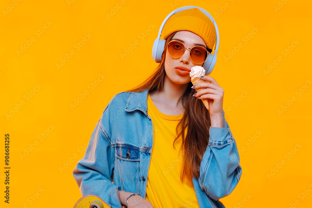 Magnificent white girl in casual clothes posing in headphones. Studio portrait of beautiful lady with skateboard eating ice cream on orange background. Magnificent white girl in casual clothes posing in headphones. Studio portrait of beautiful lady with skateboard eating ice cream on orange background.