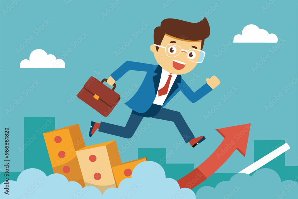 A cheerful businessman with glasses runs enthusiastically over boxes, aiming for upward growth and achievements, Customizable cartoon illustration for business risk. A cheerful businessman with glasses runs enthusiastically over boxes, aiming for upward growth and achievements, Customizable cartoon illustration for business risk.