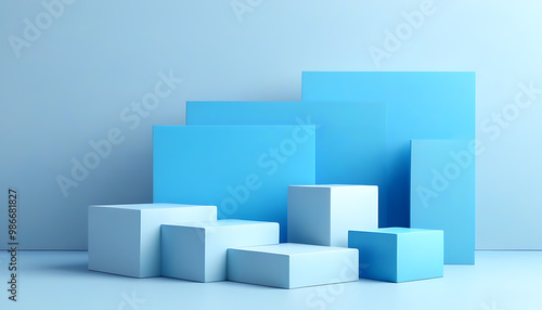 Abstract geometry showcase, blue podium with square elements, creative installation design.