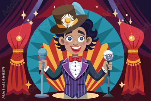 A vibrant performer stands on stage in a cabaret, holding a microphone and a shiny disco ball, Customizable cartoon illustration for cabaret.