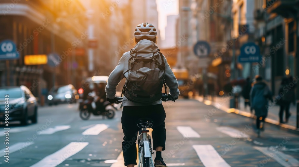 A person wearing a helmet and a backpack rides a bicycle on a city street. They are heading towards the sun which is setting. A person wearing a helmet and a backpack rides a bicycle on a city street. They are heading towards the sun which is setting.