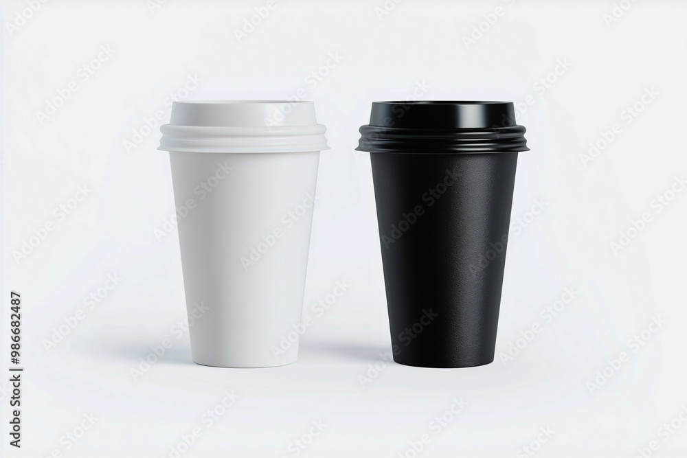 Two modern disposable coffee cups with lids in contrasting black and white colors displayed against a light background. Perfect for concepts related to beverage branding, minimalist design Two modern disposable coffee cups with lids in contrasting black and white colors displayed against a light background. Perfect for concepts related to beverage branding, minimalist design