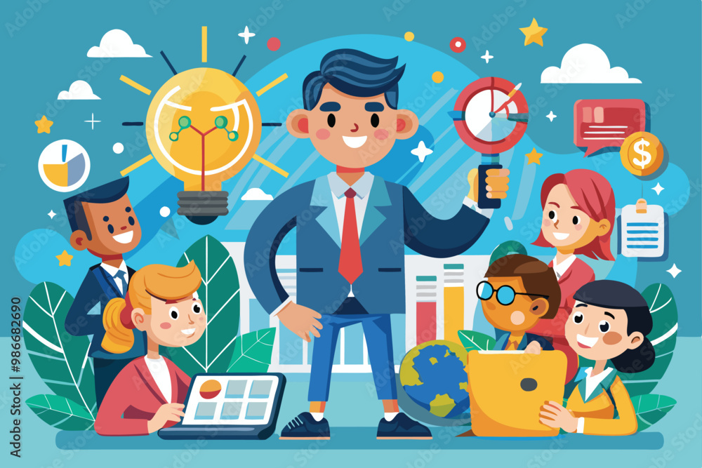 A group of diverse professionals collaborates, sharing ideas and tools for business competition, Customizable cartoon illustration for competitive intelligence. A group of diverse professionals collaborates, sharing ideas and tools for business competition, Customizable cartoon illustration for competitive intelligence.