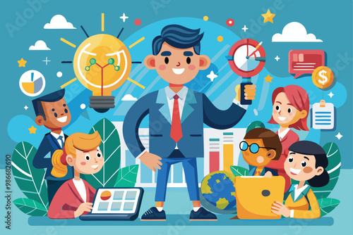 A group of diverse professionals collaborates, sharing ideas and tools for business competition, Customizable cartoon illustration for competitive intelligence.