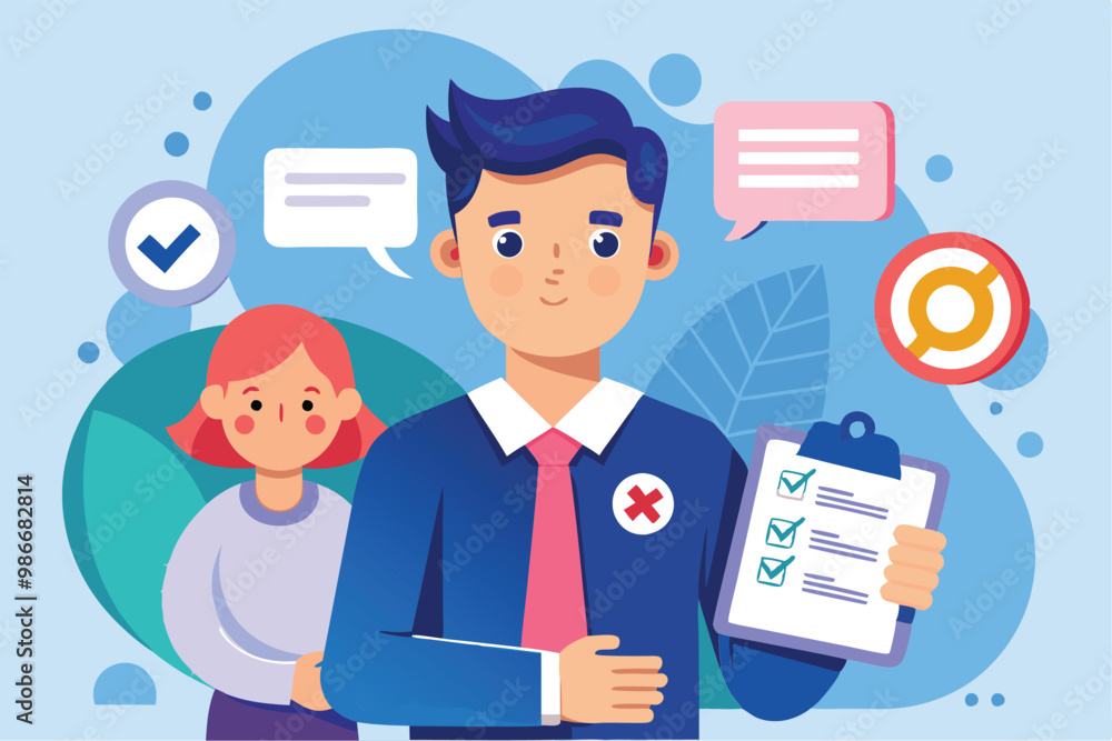 A cheerful illustration shows a person holding a checklist while another listens attentively during a discussion, Customizable cartoon illustration for consent. A cheerful illustration shows a person holding a checklist while another listens attentively during a discussion, Customizable cartoon illustration for consent.