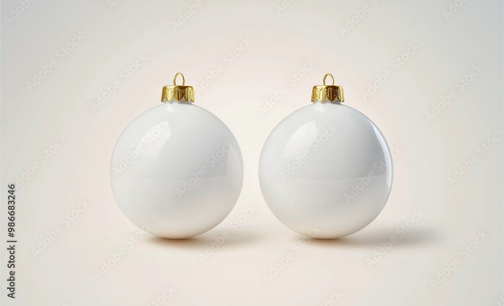 Pair of white glass Christmas ornaments with gold caps and loops, perfect for adding a classic and elegant touch to holiday decor. The reflective surface enhances the festive ambiance Pair of white glass Christmas ornaments with gold caps and loops, perfect for adding a classic and elegant touch to holiday decor. The reflective surface enhances the festive ambiance