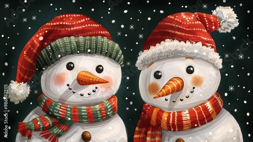 Two snowmen with carrot noses and black eyes share a heartwarming moment in a snowy landscape, surrounded by glistening white snow, creating a magical winter scene. photo