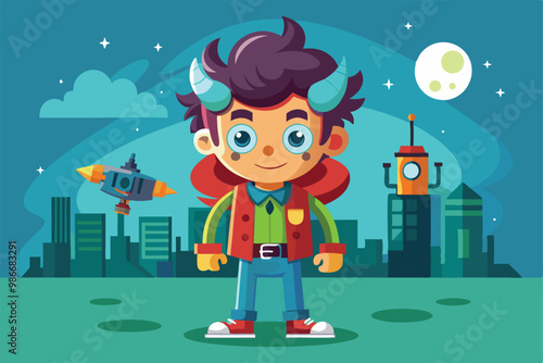 A cheerful cartoon boy with horns stands confidently in a colorful futuristic cityscape at night, Customizable cartoon illustration for curious minds.