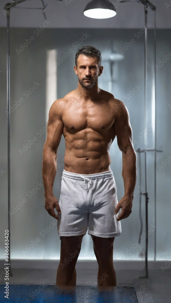 Fototapeta premium Handsome model poses undressed in a professional studio setting, showcasing physique and confidence during a modeling session.