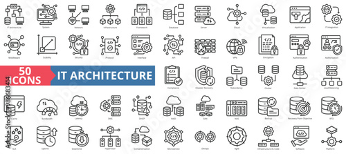 IT architecture icon collection set. Containing system, network, infrastructure, framework, database, server, cloud, virtualization, icon. Simple line vector illustration.