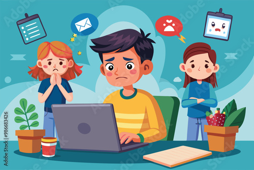 A boy looks worried while using a laptop, surrounded by two concerned girls, illustrating cyberbullying effects, Customizable cartoon illustration for cyber bullying.