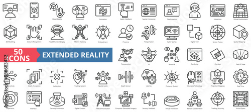 Extended reality icon collection set. Containing vr, ar, mixed reality, immersion, simulation, haptic feedback, spatial computing icon. Simple line vector illustration.