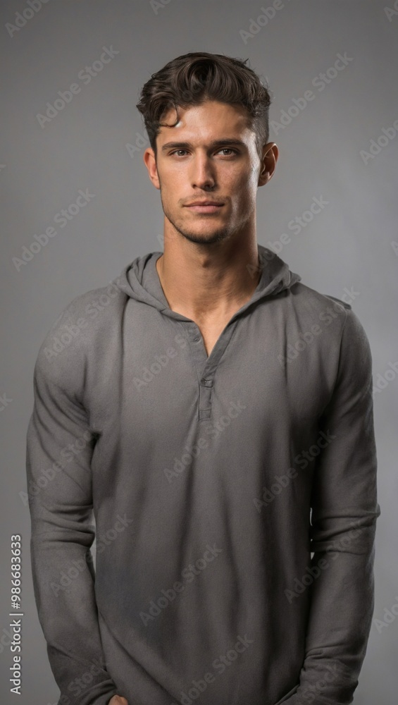 A handsome man poses confidently without clothing against a neutral backdrop in a studio setting during a photoshoot. A handsome man poses confidently without clothing against a neutral backdrop in a studio setting during a photoshoot.