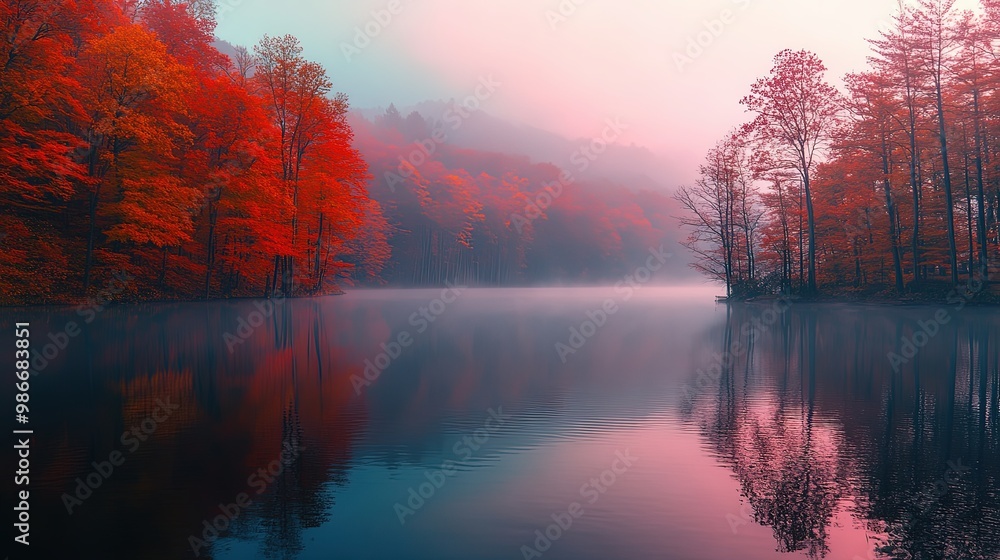 Autumn foliage surrounding a misty lake during a peaceful sunrise Autumn foliage surrounding a misty lake during a peaceful sunrise