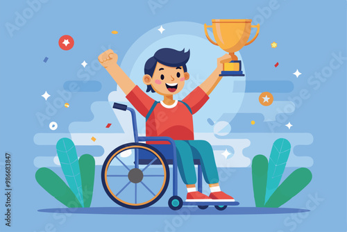 A joyful boy in a wheelchair raises a trophy, celebrating his achievement against a vibrant background, Customizable cartoon illustration for disabled winner.
