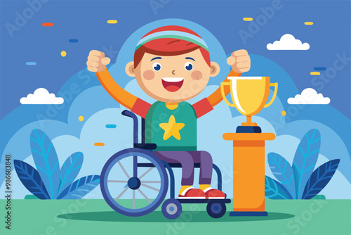 A happy boy in a wheelchair triumphs with a trophy, celebrating his achievement in a colorful setting, Customizable cartoon illustration for disabled winner.