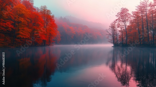 Autumn foliage surrounding a misty lake during a peaceful sunrise