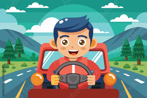 A cheerful character is driving through a picturesque landscape with mountains and trees, Customizable cartoon illustration for driving.