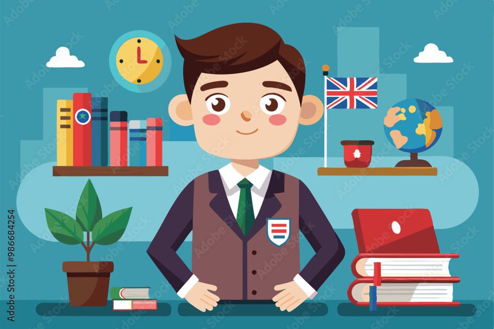 A friendly teacher stands in a colorful classroom, surrounded by books, a globe, and educational decor, Customizable cartoon illustration for English teacher. A friendly teacher stands in a colorful classroom, surrounded by books, a globe, and educational decor, Customizable cartoon illustration for English teacher.
