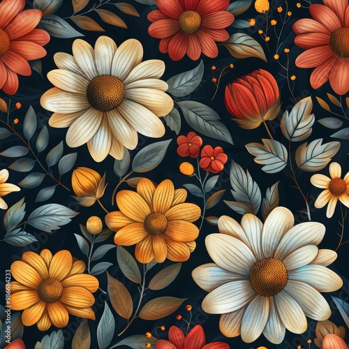 Wallpaper Mural Retro seamless pattern design with 70s harvest gold, cream, and red flowers and foliage on a dark blue background. Perfect for retro home decor fabric patterns and retro kitchen decor items. Torontodigital.ca