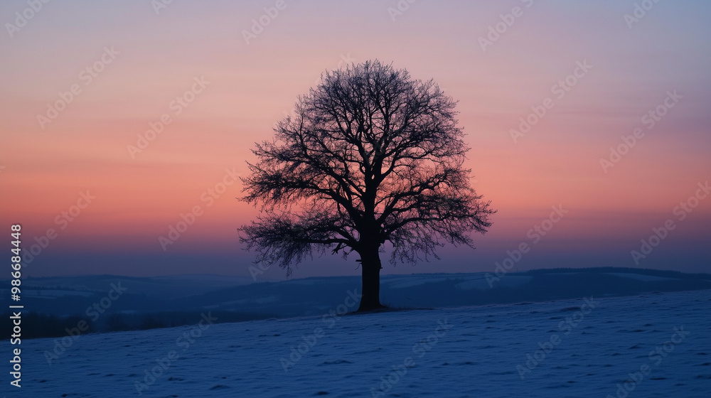 Silhouette of bare tree against winter sunset sky