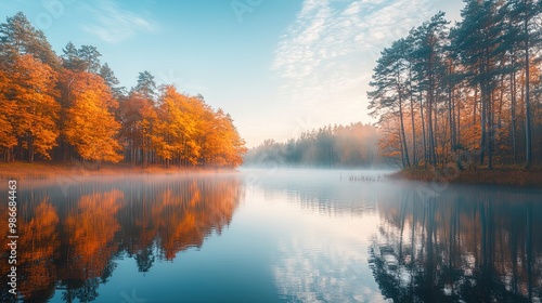 Autumn foliage surrounding a misty lake during a peaceful sunrise