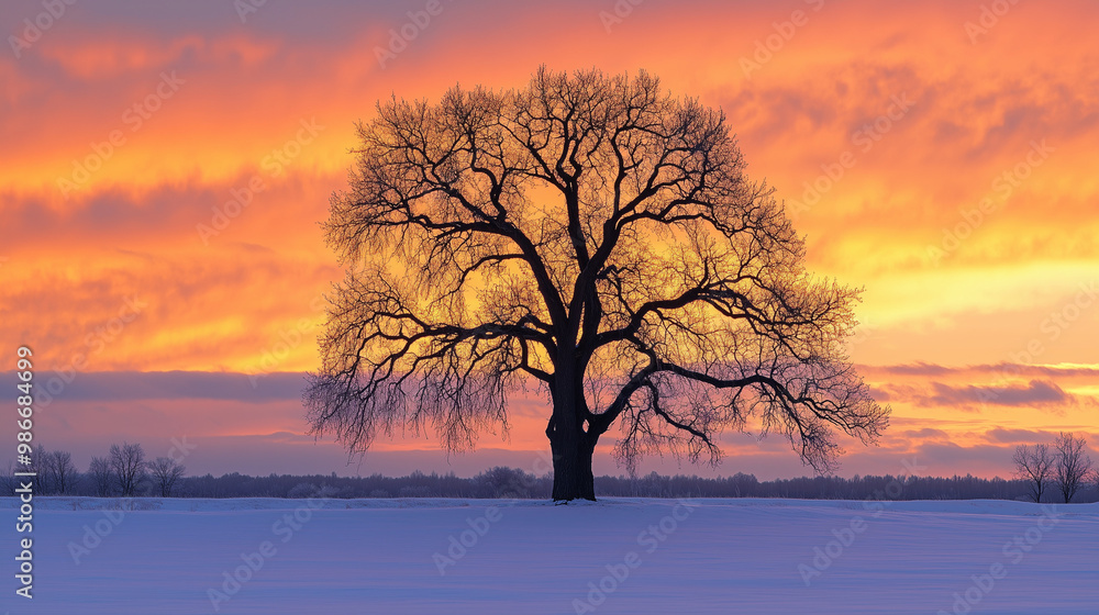 Bare tree at sunrise in snowy field with warm sky Bare tree at sunrise in snowy field with warm sky