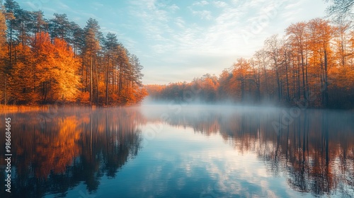 Autumn foliage surrounding a misty lake during a peaceful sunrise