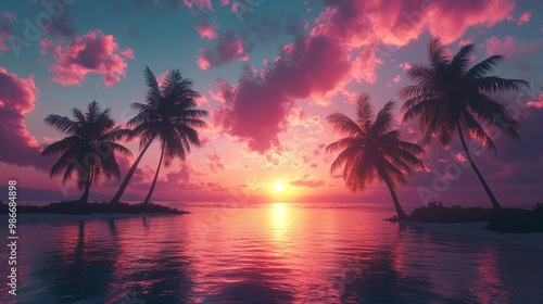 Palm Trees Silhouetted Against a Pink Sunset Over a Tranquil Ocean